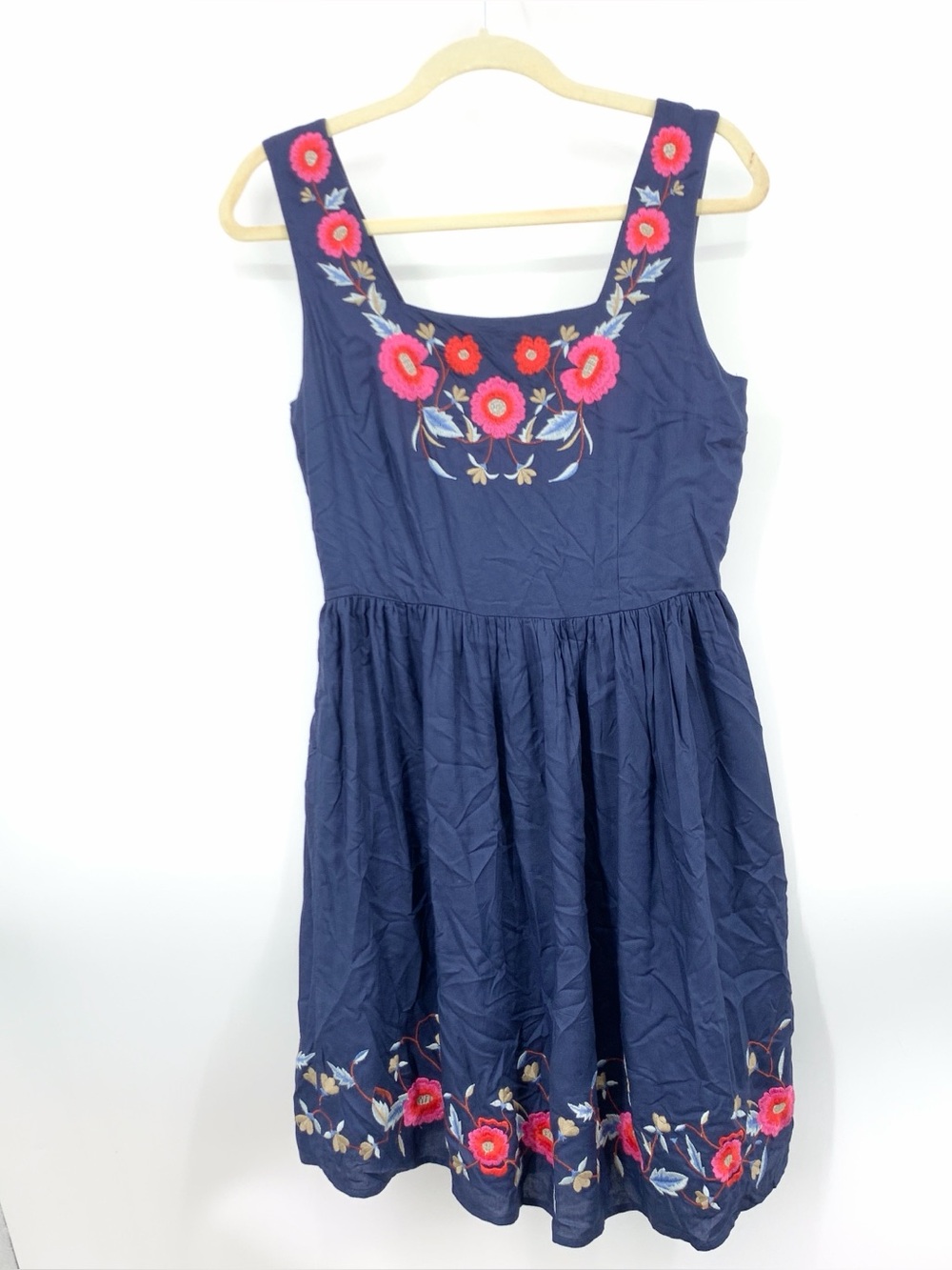 Modcloth Women Size Small Dress Tank Fit Flare Blue Pink Floral Embroidery